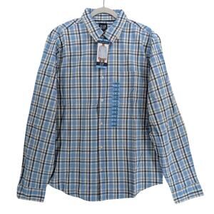 Gap Poplin Shirt Mens L Glacier Gray Blue Plaid Long Sleeve Button Down Workwear